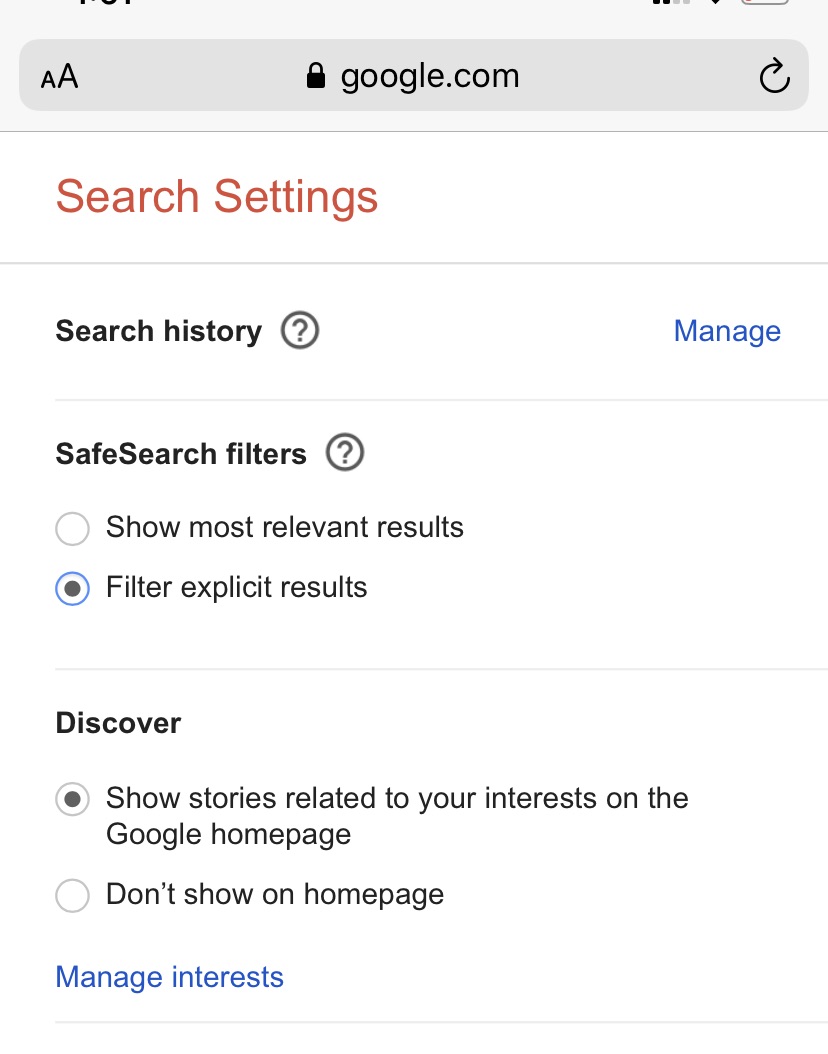 activate Google safe search settings