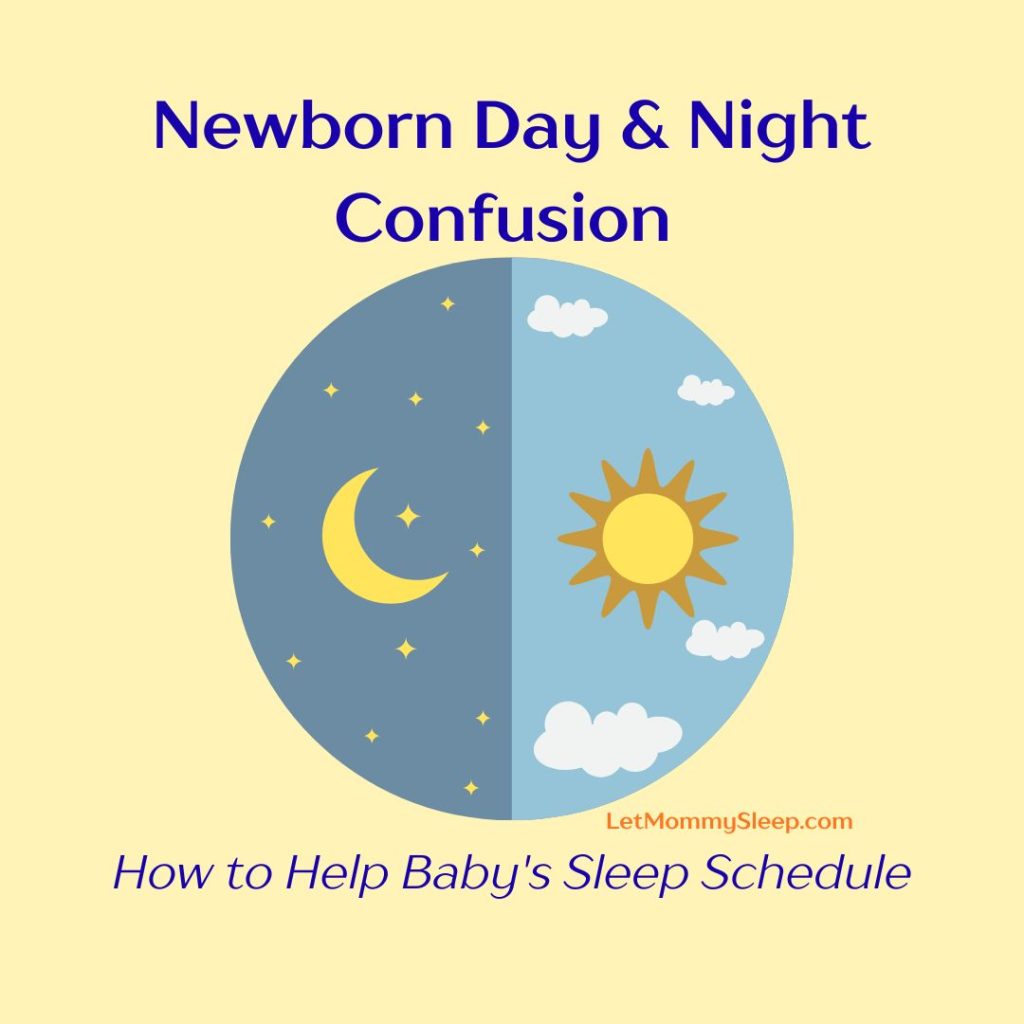 Sun and moon graphic illustrating newborn day and night confusion and how to fix baby's sleep schedule