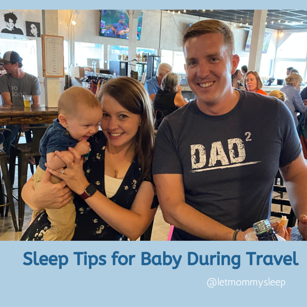 mom and dad in restaurant smiling while mom holds baby. Staying on baby's time is one of the Sleep Tips for Baby During Travel