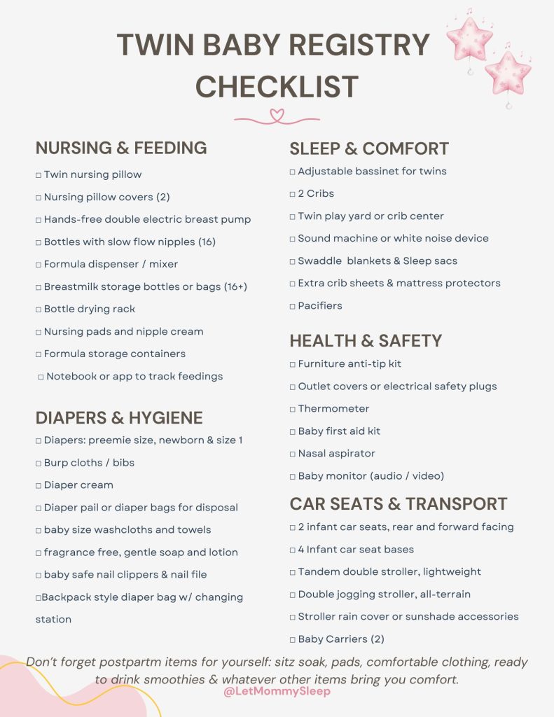 twin baby registry checklist from Let Mommy Sleep night nannies