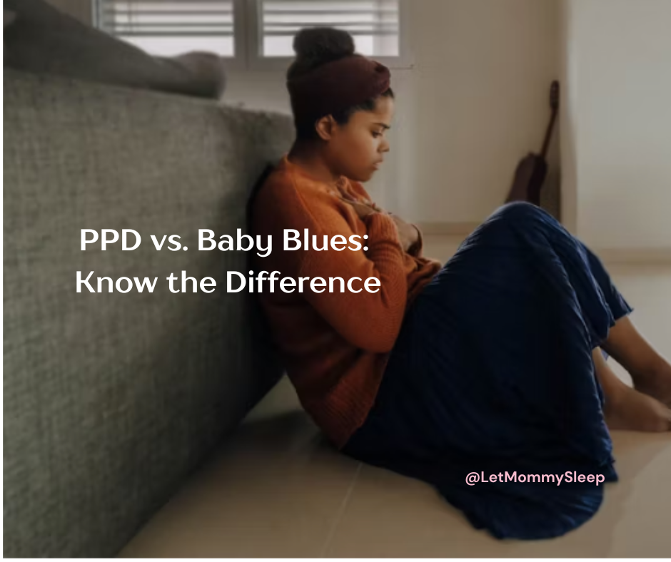 photo of new mom sitting on the floor, worried, leaning on bed thinking about PPD vs. Baby Blues
