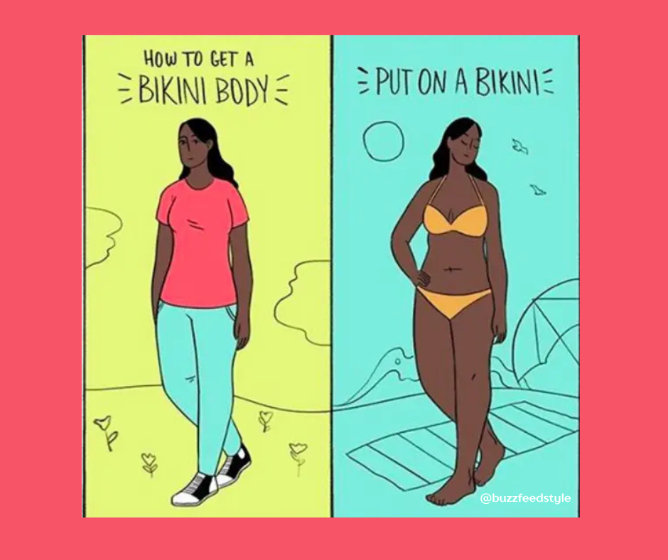 Meme of how to get a bikini body. 1. have body, 2 put on bikini